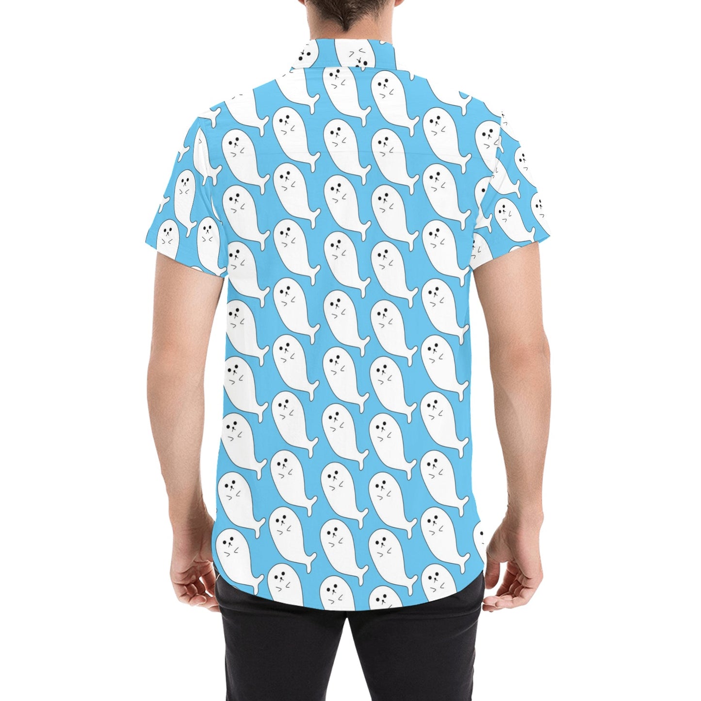 Sea Lion Print Design LKS402 Men Short Sleeve Button Up Shirt