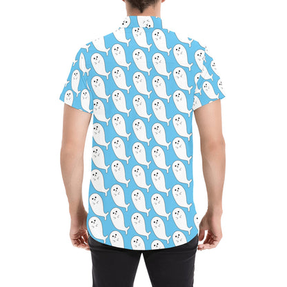 Sea Lion Print Design LKS402 Men Short Sleeve Button Up Shirt