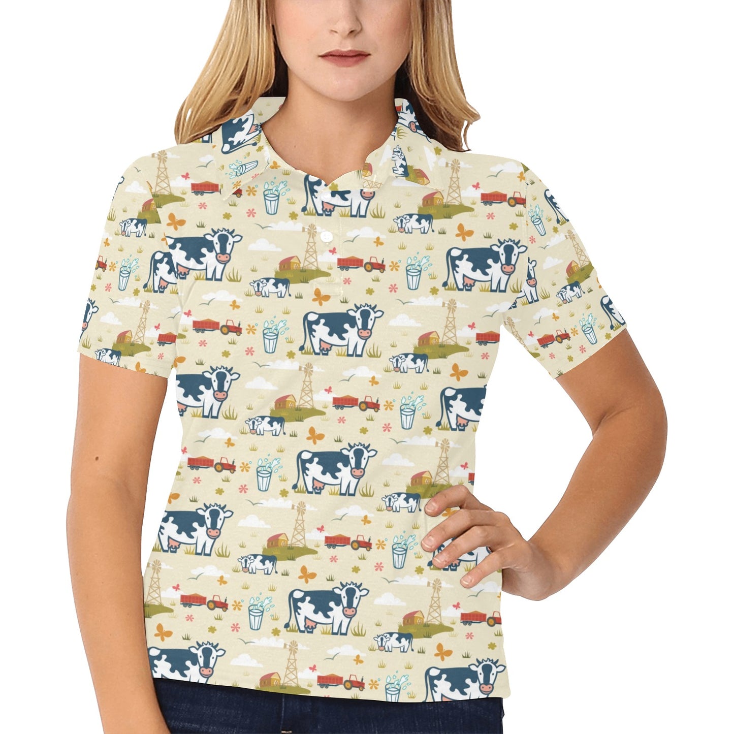 Cow Farm Design Print Women's Polo Shirt