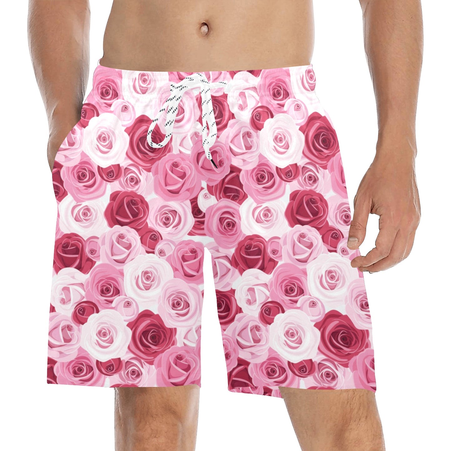 Pink Red Rose Pattern Print Men's Swim Trunks Beach Shorts