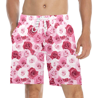 Pink Red Rose Pattern Print Men's Swim Trunks Beach Shorts