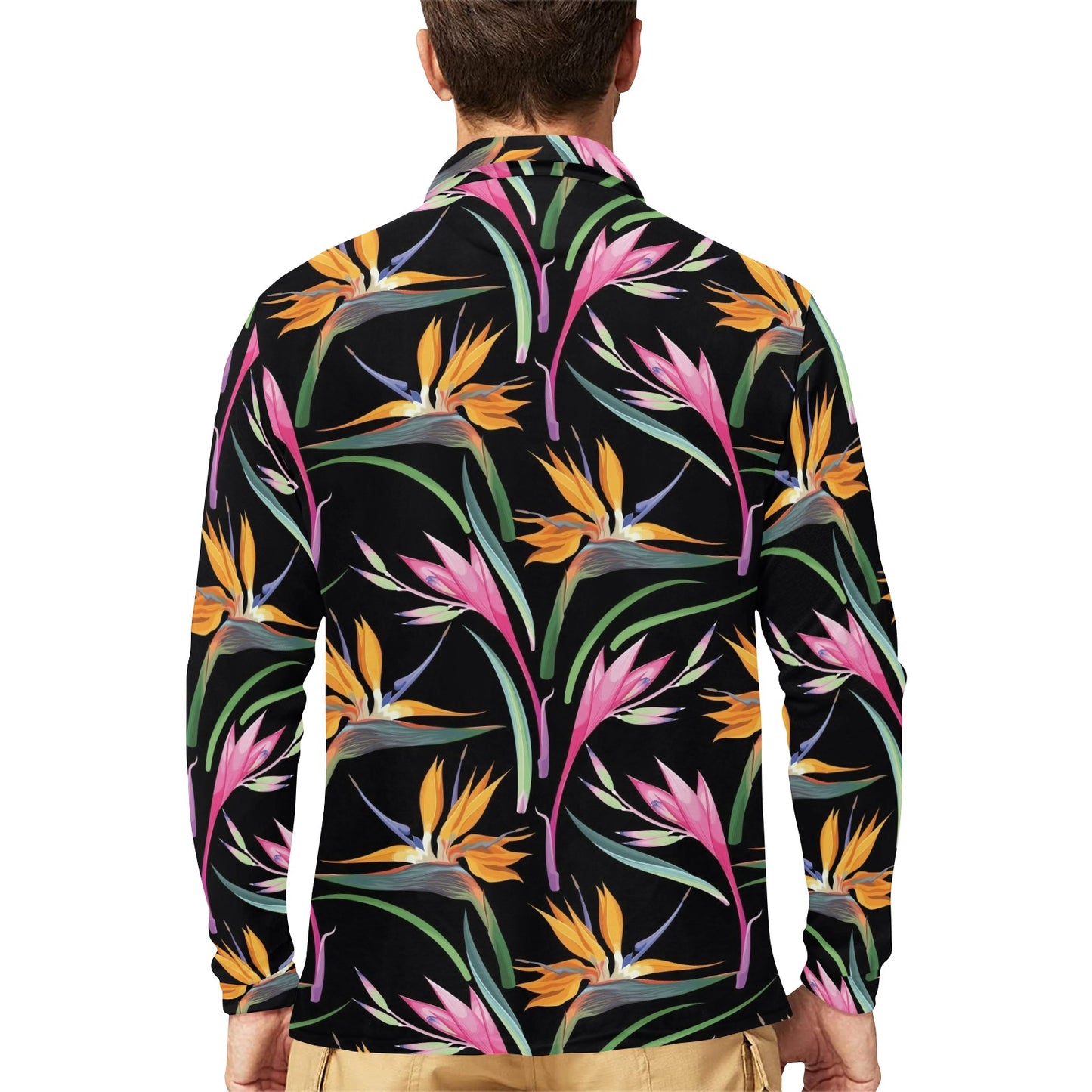 Tropical Flower Pattern Print Design TF017 Long Sleeve Polo Shirt For Men's