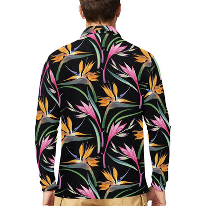Tropical Flower Pattern Print Design TF017 Long Sleeve Polo Shirt For Men's