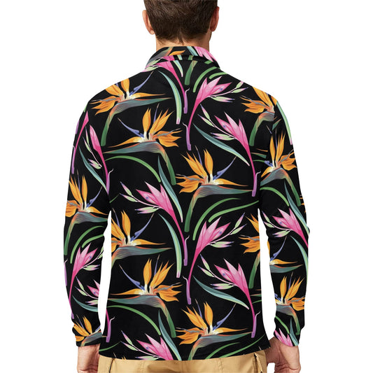 Tropical Flower Pattern Print Design TF017 Long Sleeve Polo Shirt For Men's