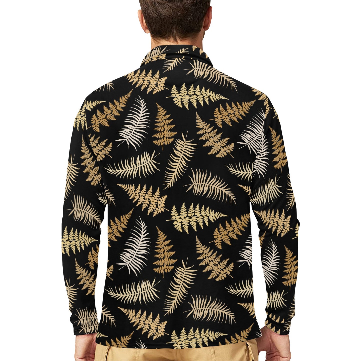 Fern Leave Bright Print Pattern Long Sleeve Polo Shirt For Men's