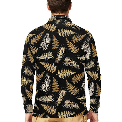 Fern Leave Bright Print Pattern Long Sleeve Polo Shirt For Men's
