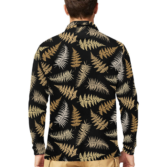 Fern Leave Bright Print Pattern Long Sleeve Polo Shirt For Men's