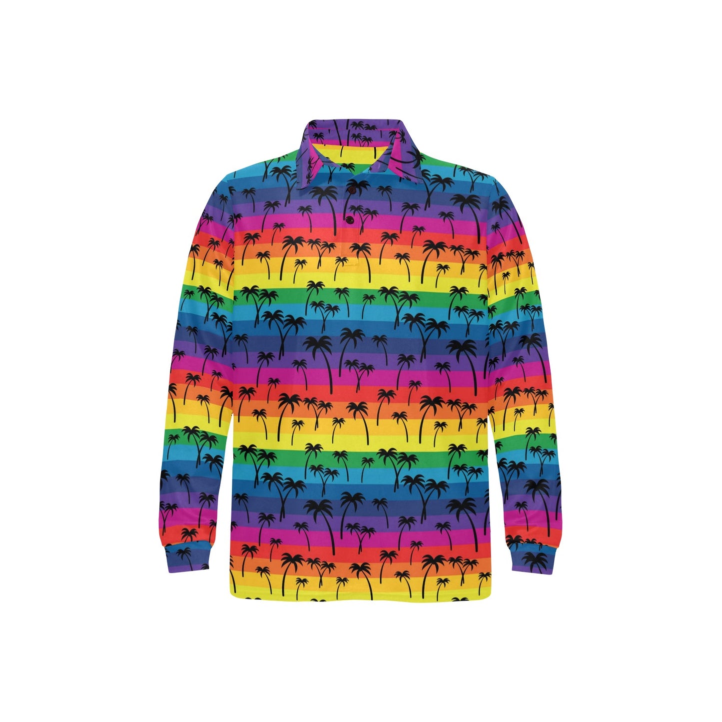 Palm Tree Rainbow Themed Print Long Sleeve Polo Shirt For Men's