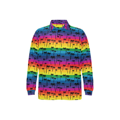 Palm Tree Rainbow Themed Print Long Sleeve Polo Shirt For Men's
