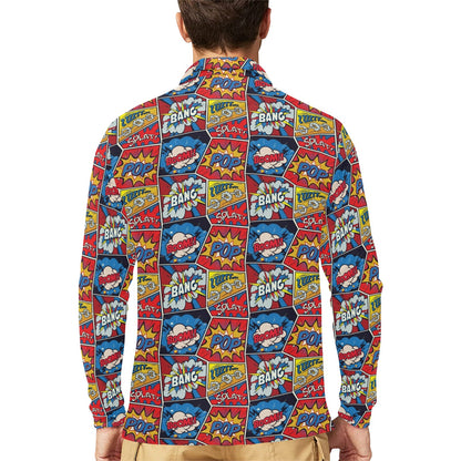 Comic Book Pattern Print Design 03 Long Sleeve Polo Shirt For Men's