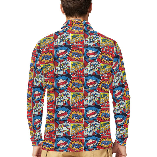 Comic Book Pattern Print Design 03 Long Sleeve Polo Shirt For Men's