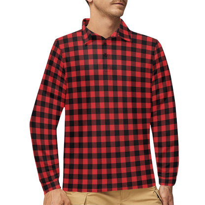 Red Black Buffalo Tartan Plaid Pattern Long Sleeve Polo Shirt For Men's