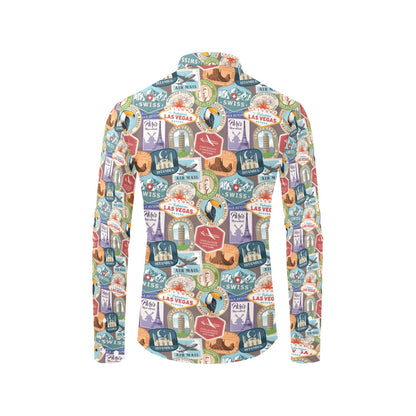 Travel Stamp Print Design LKS301 Men's Long Sleeve Dress Shirt