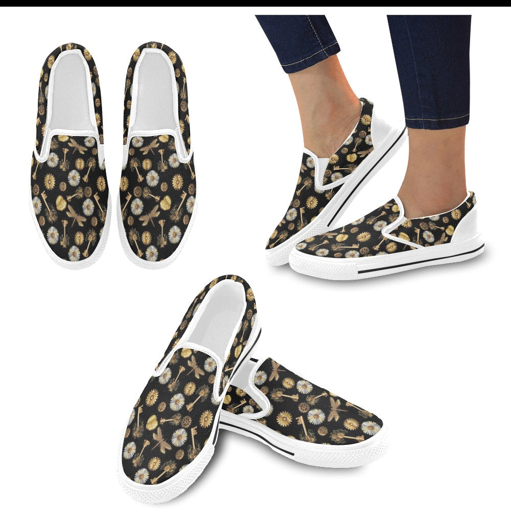 Steampunk Key Dragonfly Print Design LKS303 White Slip Ons Canvas Women's Shoes
