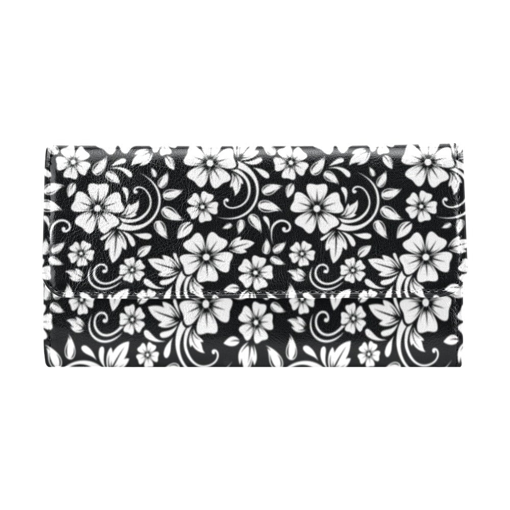 Floral Black White Themed Print Women's Trifold Wallet