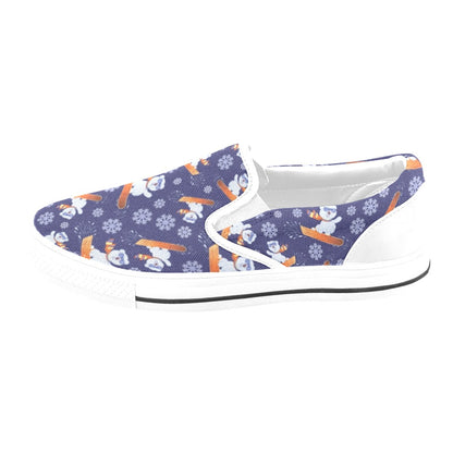 Snowboard Bear Print Design LKS305 White Slip Ons Canvas Women's Shoes