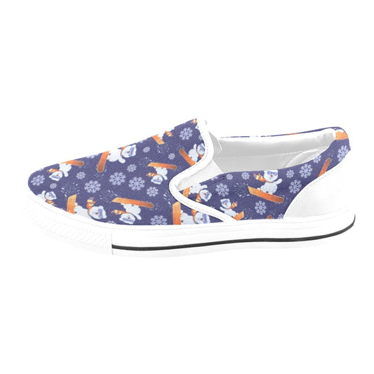 Snowboard Bear Print Design LKS305 White Slip Ons Canvas Women's Shoes