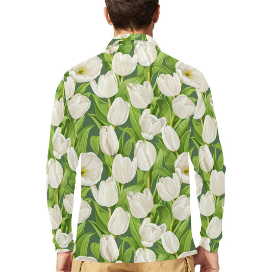 Tulip White Pattern Print Design TP05 Long Sleeve Polo Shirt For Men's