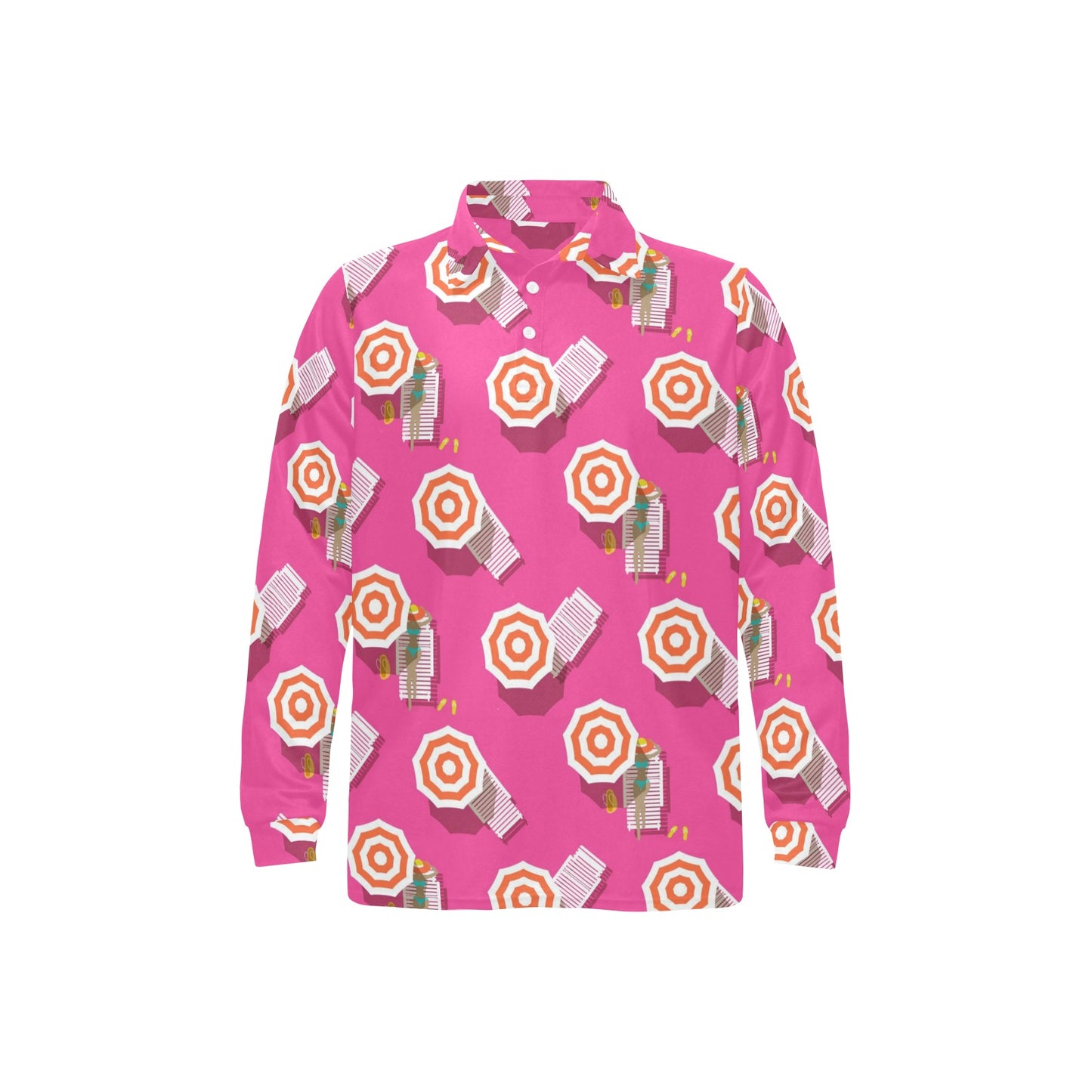 Beach Top View Umbrella Theme Long Sleeve Polo Shirt For Men's