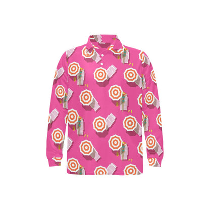 Beach Top View Umbrella Theme Long Sleeve Polo Shirt For Men's