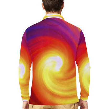 Vortex Twist Swirl Flame Themed Long Sleeve Polo Shirt For Men's