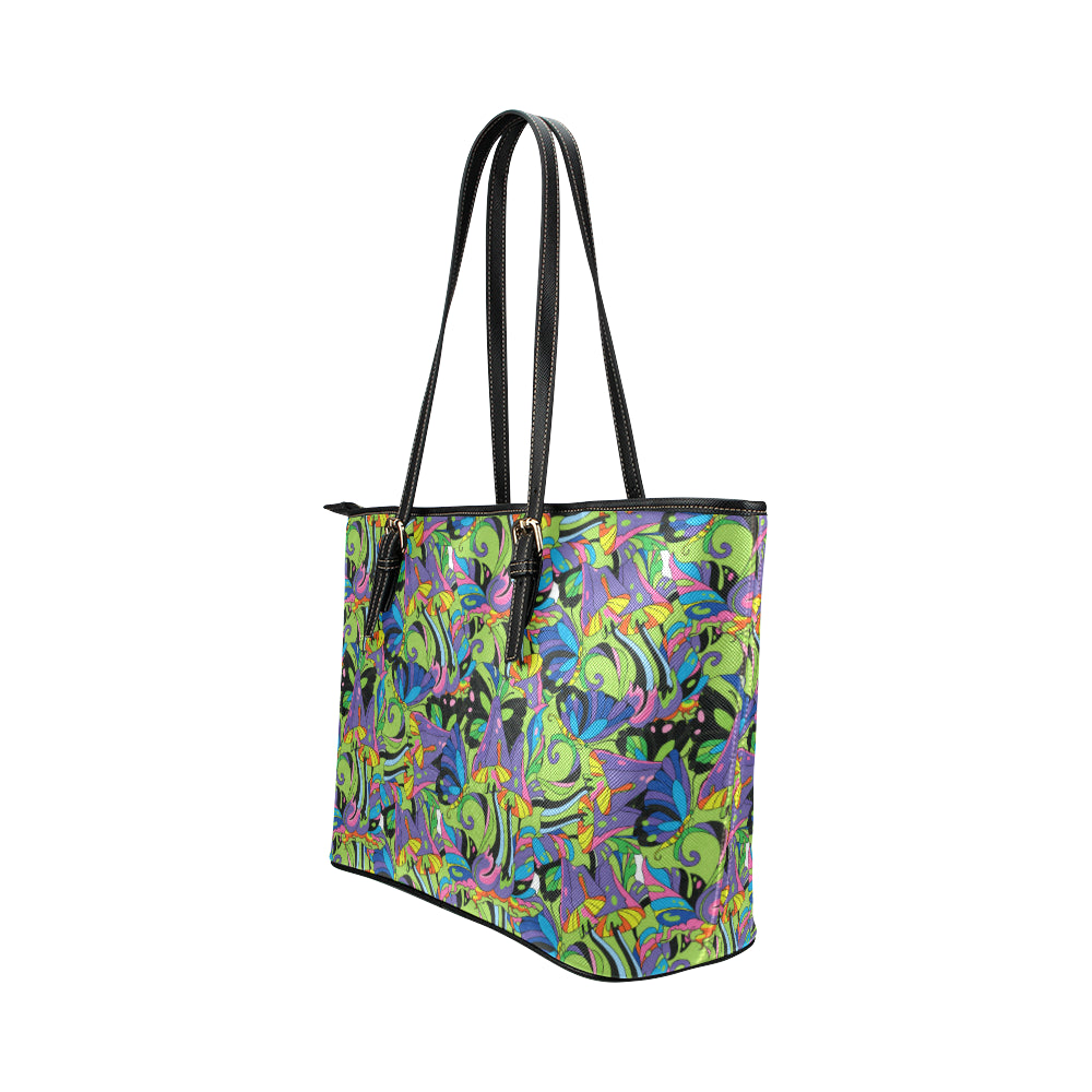 Psychedelic Trippy Mushroom Themed Leather Tote Bag