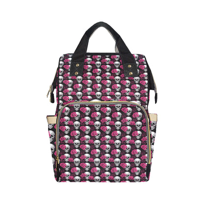 Pink Rose Skull Themed Print Diaper Bag Backpack