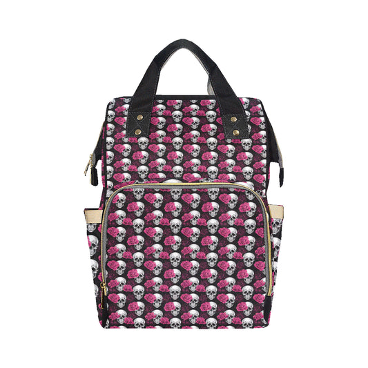 Pink Rose Skull Themed Print Diaper Bag Backpack