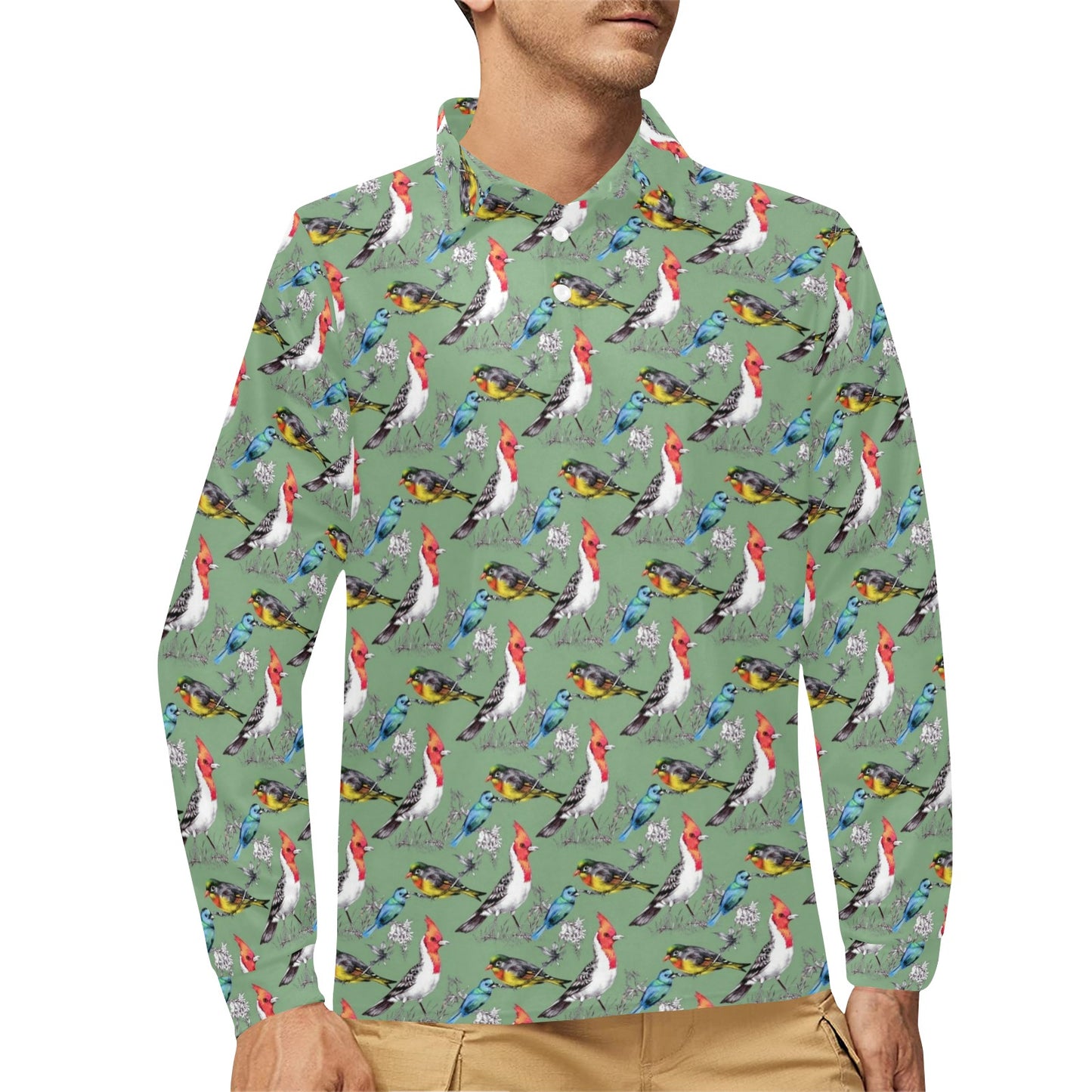 Birds Pattern Print Design 07 Long Sleeve Polo Shirt For Men's