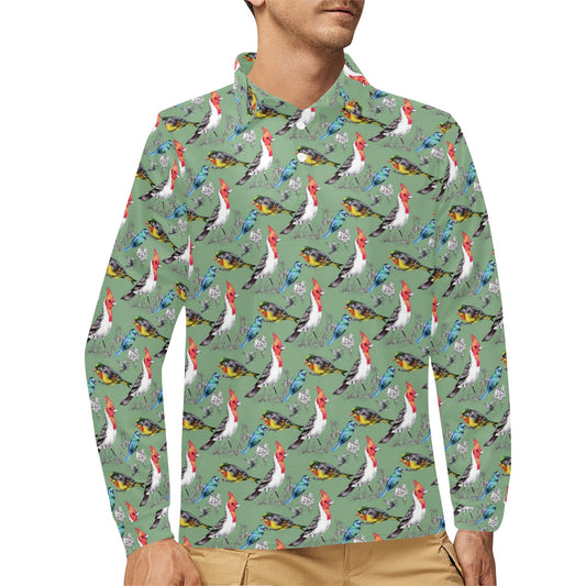 Birds Pattern Print Design 07 Long Sleeve Polo Shirt For Men's