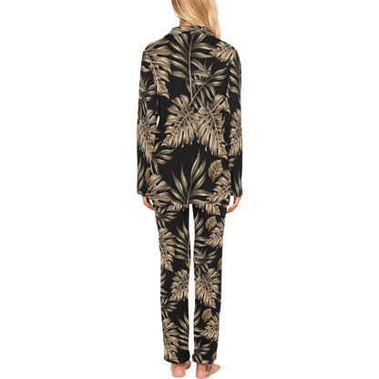 Brown Tropical Palm Leaves Women's Long Pajama Set