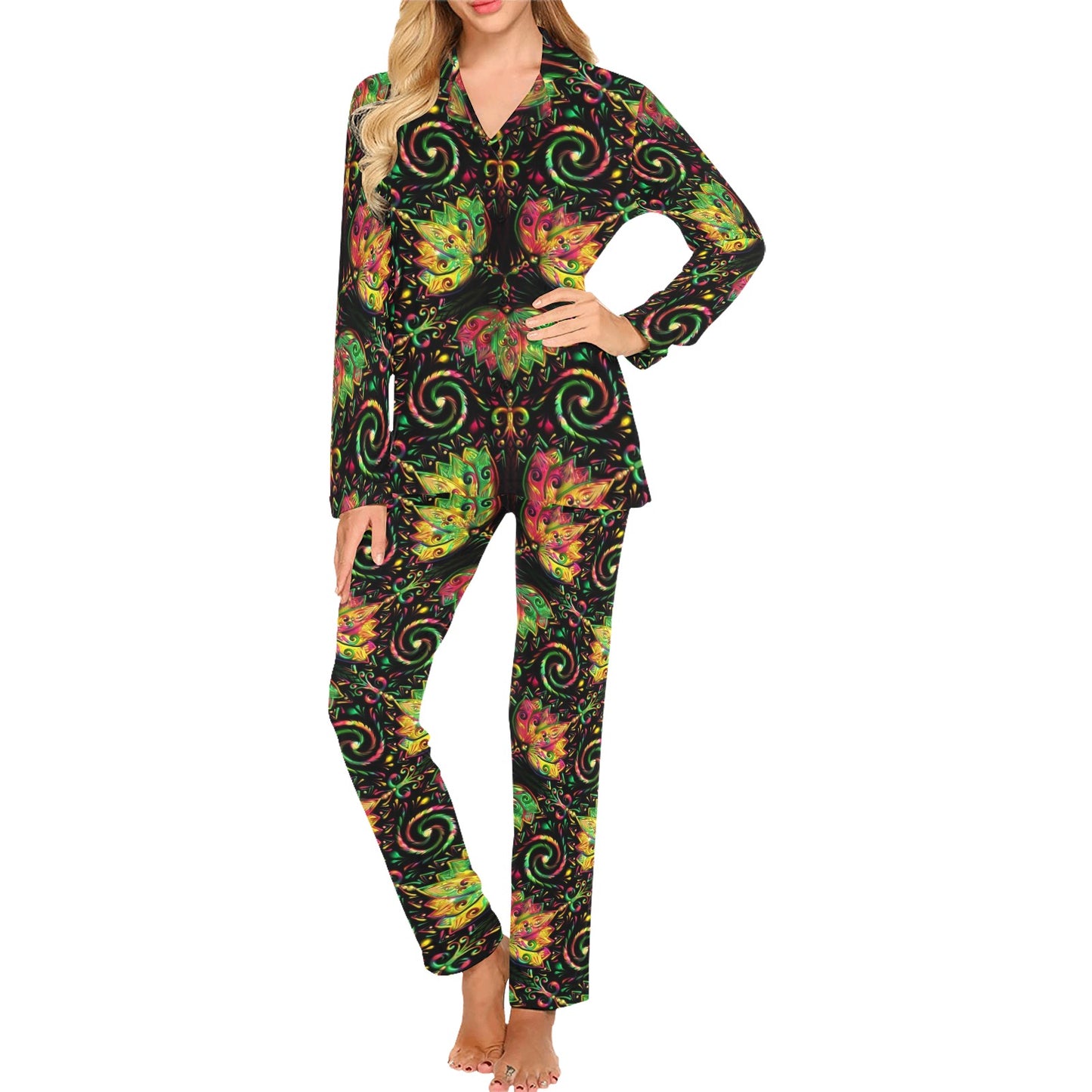 lotus Boho Pattern Print Design LO09 Women's Long Pajama Set