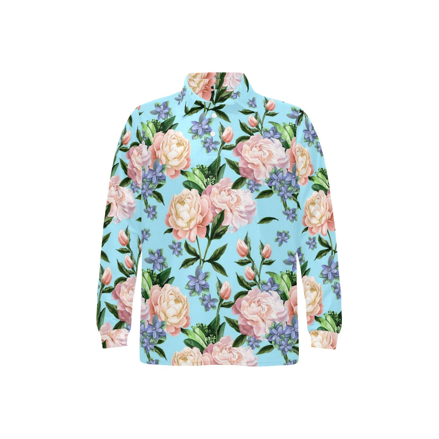 Peony Pattern Print Design PE02 Long Sleeve Polo Shirt For Men's