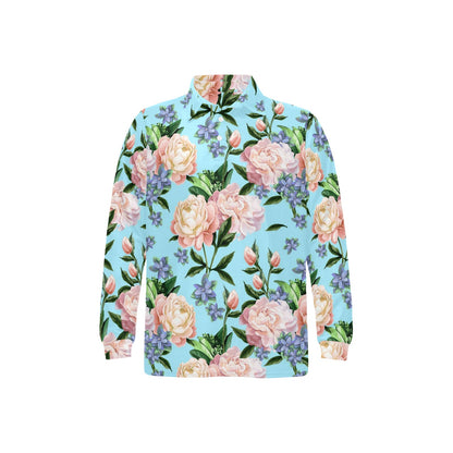 Peony Pattern Print Design PE02 Long Sleeve Polo Shirt For Men's