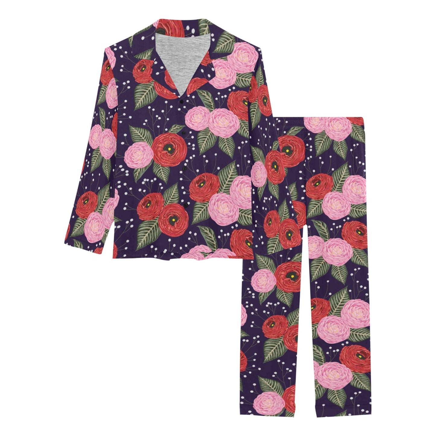 Camellia Pattern Print Design CM02 Women's Long Pajama Set