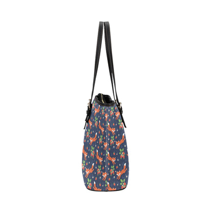 Fox Strawberry Print Pattern Leather Tote Bag