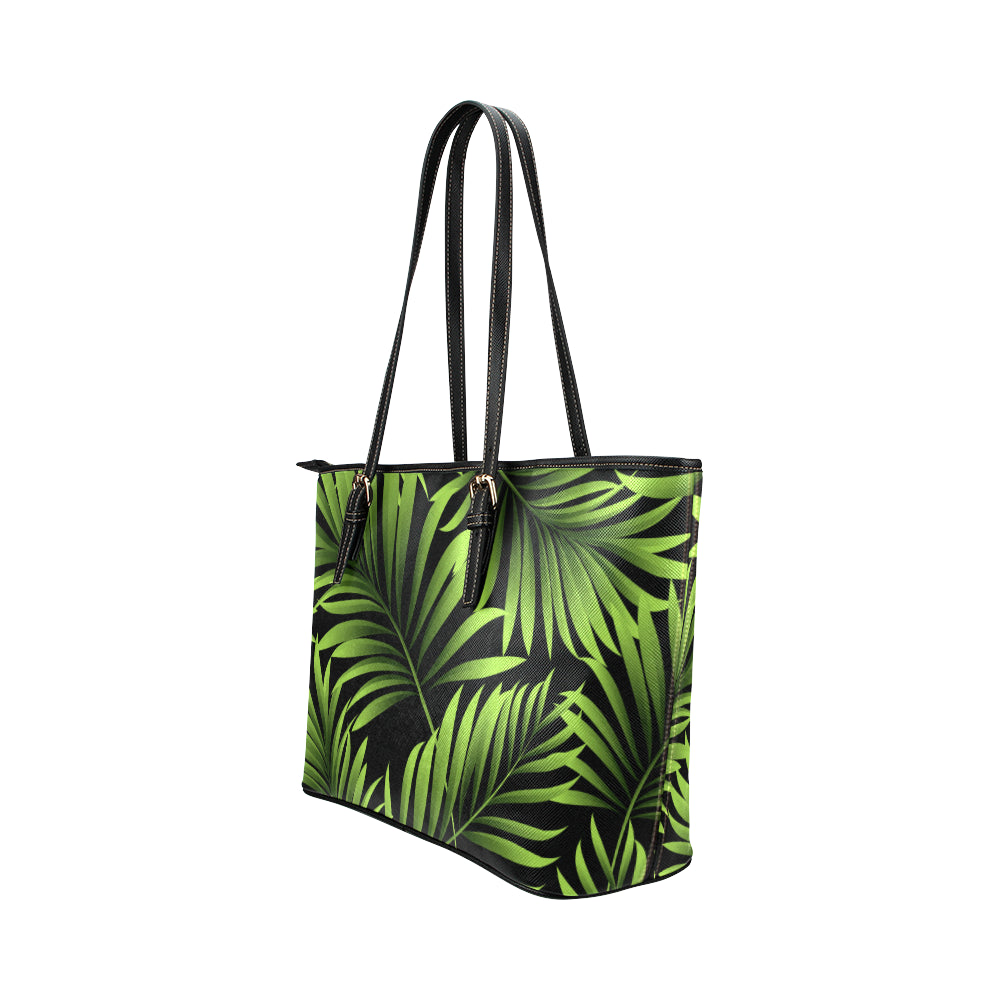 Green Neon Tropical Palm Leaves Leather Tote Bag