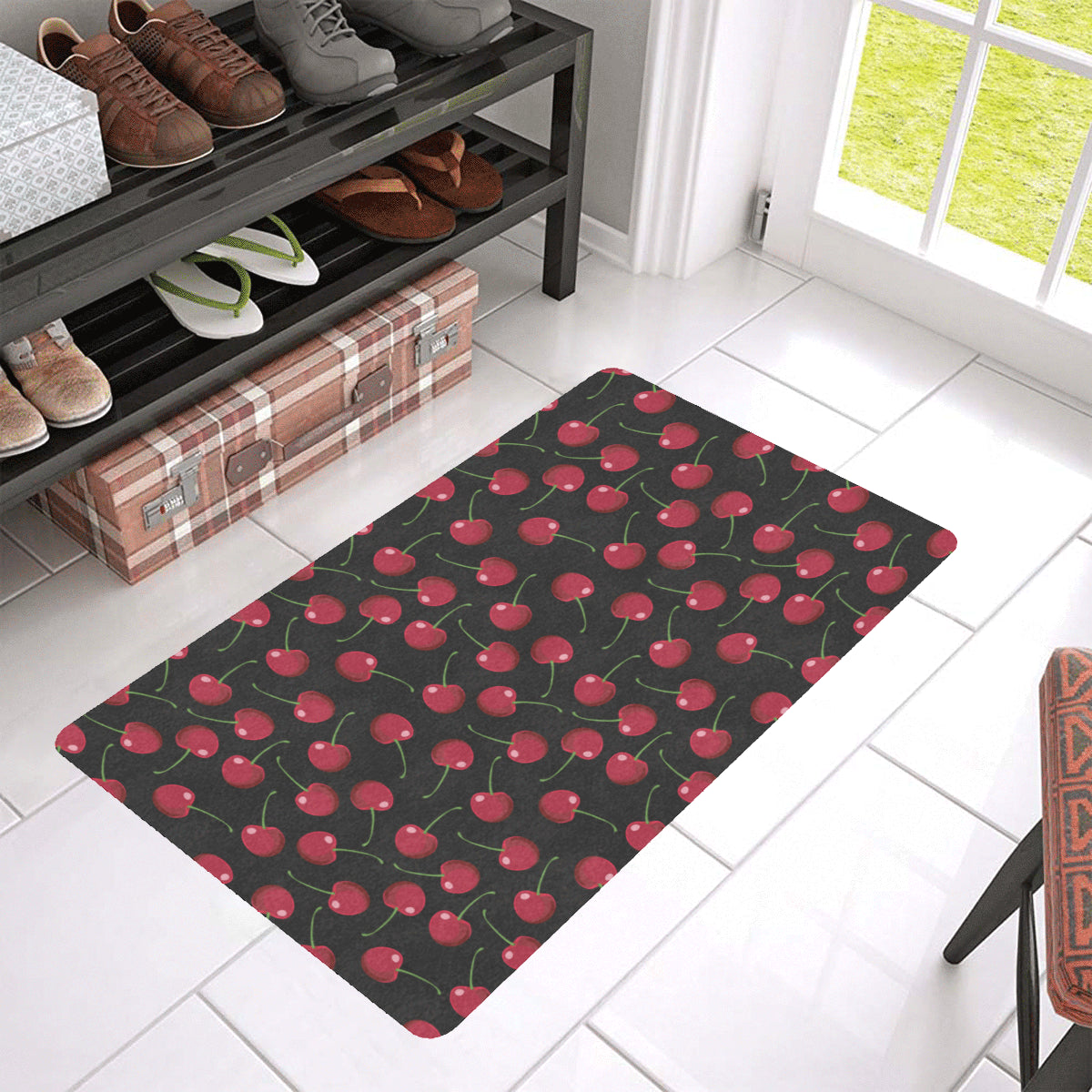 Cherry Black Background Rubber Doormat