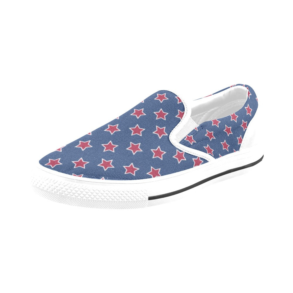 Star Red Blue Print Design LKS301 White Slip Ons Canvas Women's Shoes