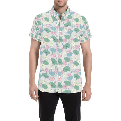 Water Lily Print Design LKS305 Men Short Sleeve Button Up Shirt