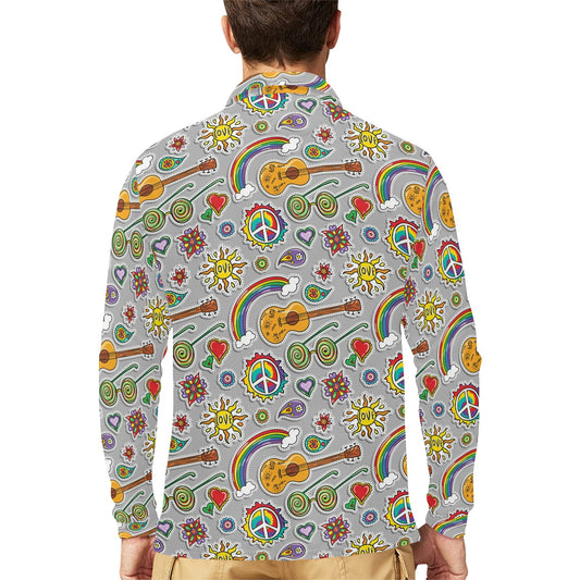 Hippie Print Design LKS306 Long Sleeve Polo Shirt For Men's