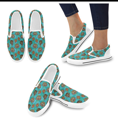 Tattoo Tiger Head Print Design LKS304 White Slip Ons Canvas Women's Shoes