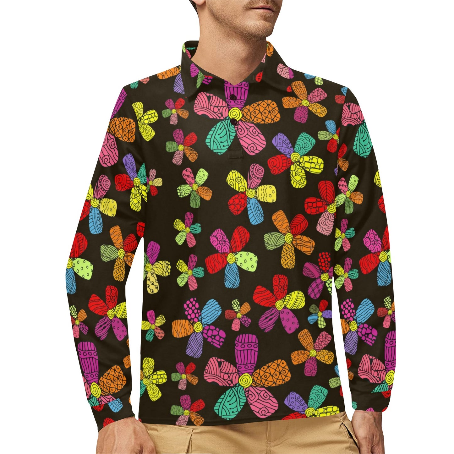 Flower Power Colorful Print Pattern Long Sleeve Polo Shirt For Men's