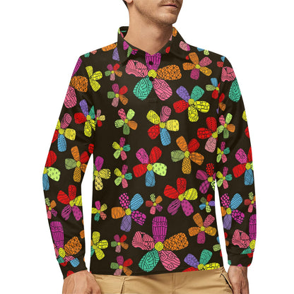 Flower Power Colorful Print Pattern Long Sleeve Polo Shirt For Men's