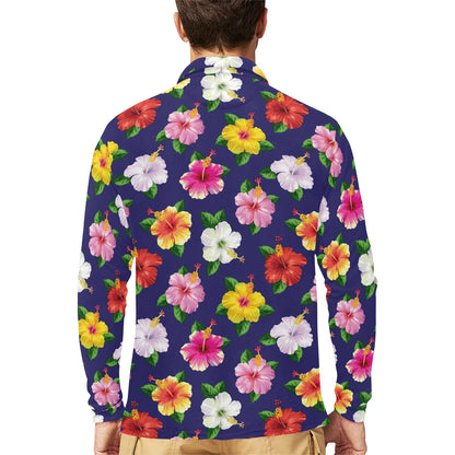 Hibiscus Colorful Print Design LKS301 Long Sleeve Polo Shirt For Men's