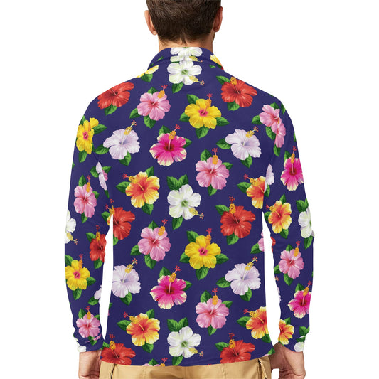 Hibiscus Colorful Print Design LKS301 Long Sleeve Polo Shirt For Men's