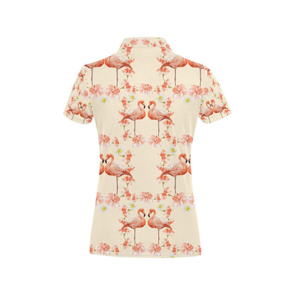 Flamingo Hibiscus Print Pattern Women's Polo Shirt