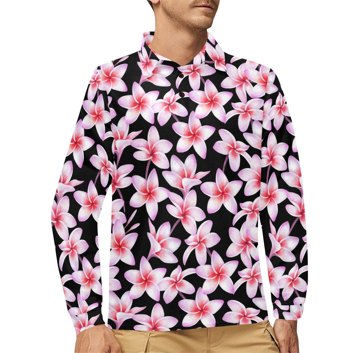 Pink Plumeria Pattern Print Design PM09 Long Sleeve Polo Shirt For Men's