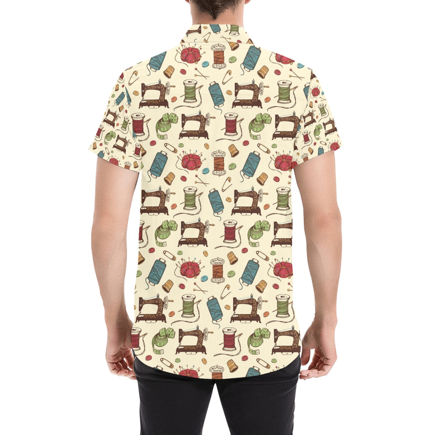 Sewing Equipment Print Design LKS303 Men Short Sleeve Button Up Shirt