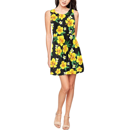 Yellow Hibiscus Pattern Print Design HB08 Sleeveless Dress